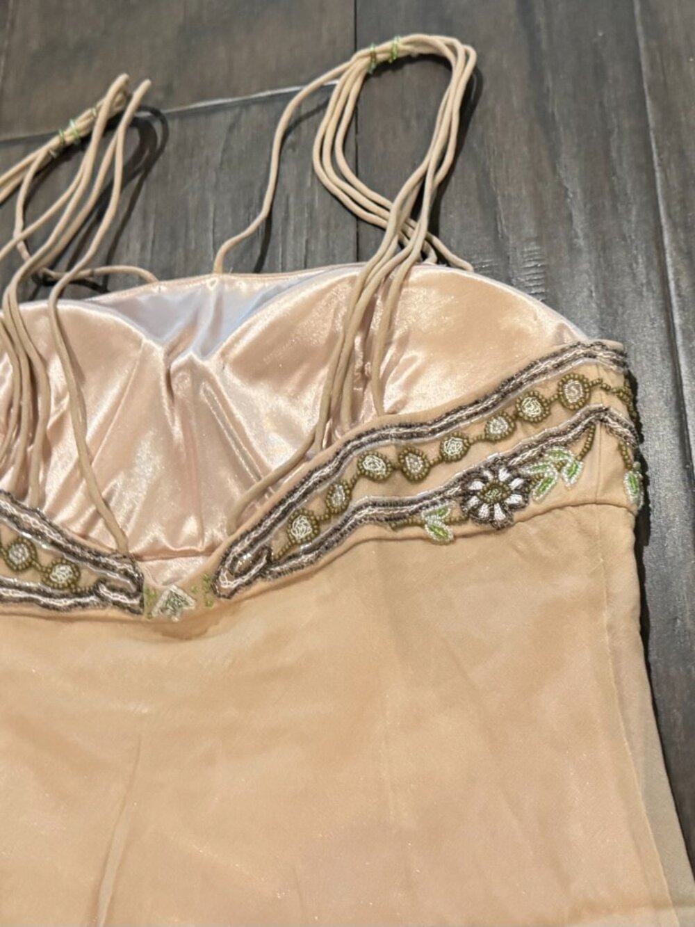 Sue Wong Silk Chiffon Y2K Camisole Beige Green Beaded Lace Top babydoll Deco #16 - Picture 13 of 16